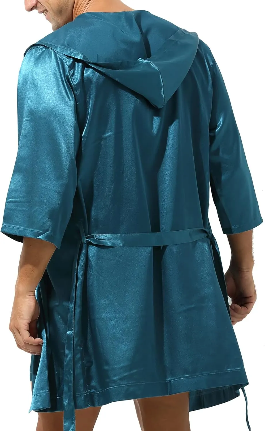 YUFEIDA Mens Satin Robe Silky Bathrobe with Shorts Lightweight Sleepwear Luxurious Pyjama Set Hooded Nightgown with Shorts