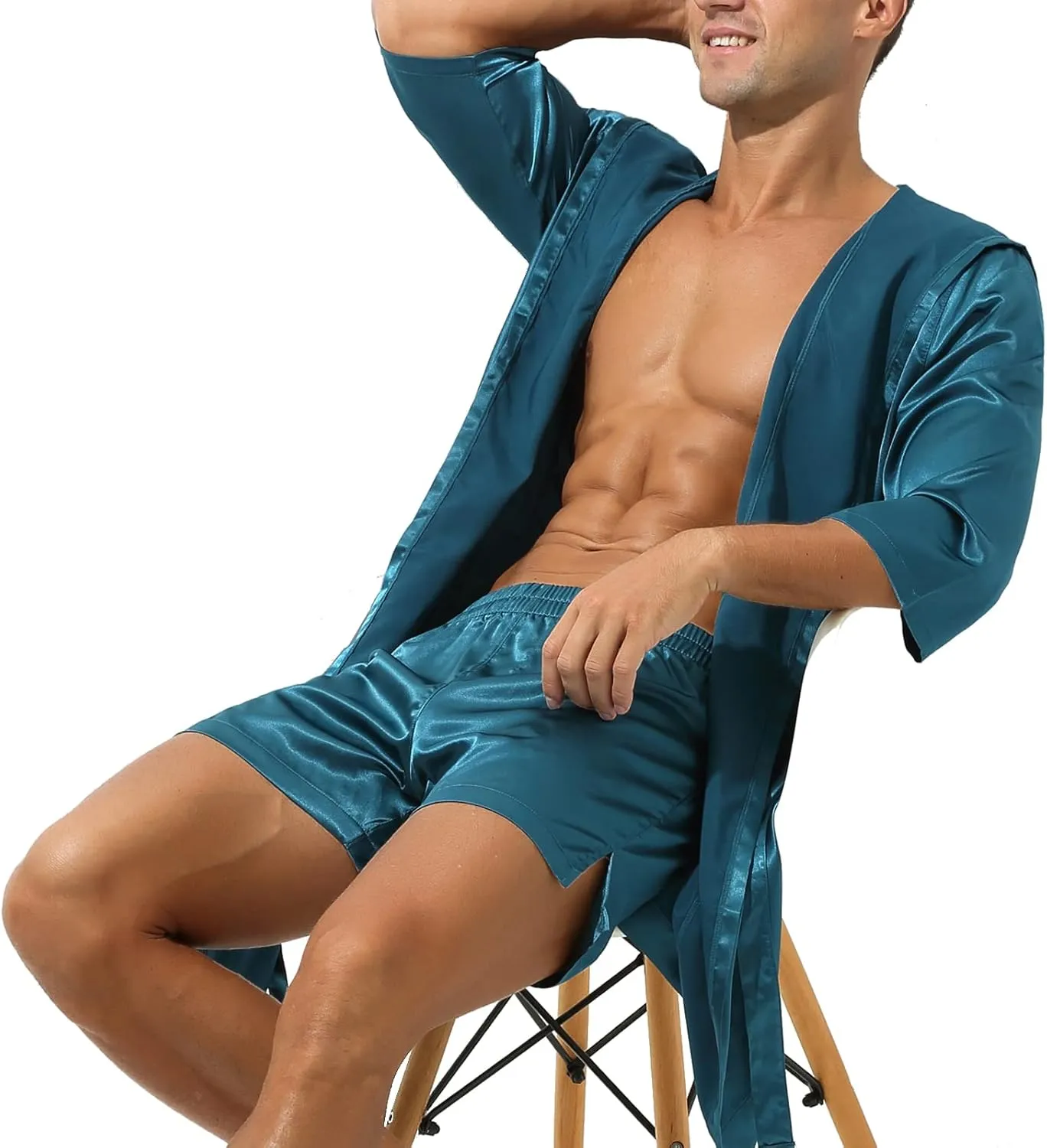 YUFEIDA Mens Satin Robe Silky Bathrobe with Shorts Lightweight Sleepwear Luxurious Pyjama Set Hooded Nightgown with Shorts