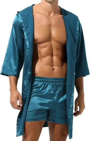 YUFEIDA Mens Satin Robe Silky Bathrobe with Shorts Lightweight Sleepwear Luxurious Pyjama Set Hooded Nightgown with Shorts